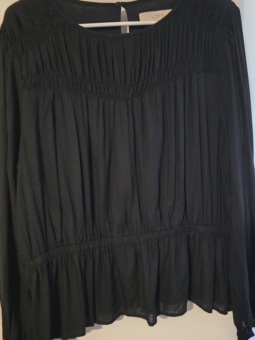 LOFT Black Smocked Pleated Peasant Blouse